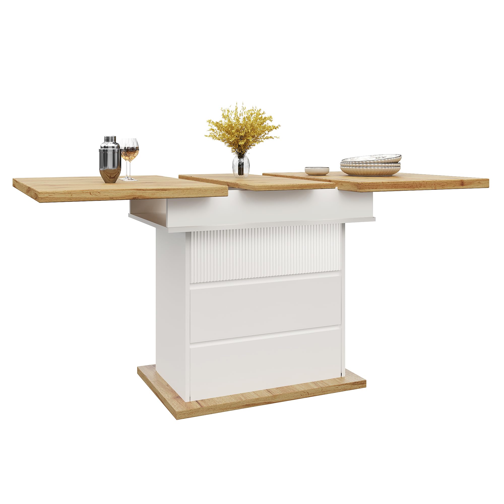 Table de cuisine extensible 110-140 cm blanche avec rangement intégré pour 4-6 personnes