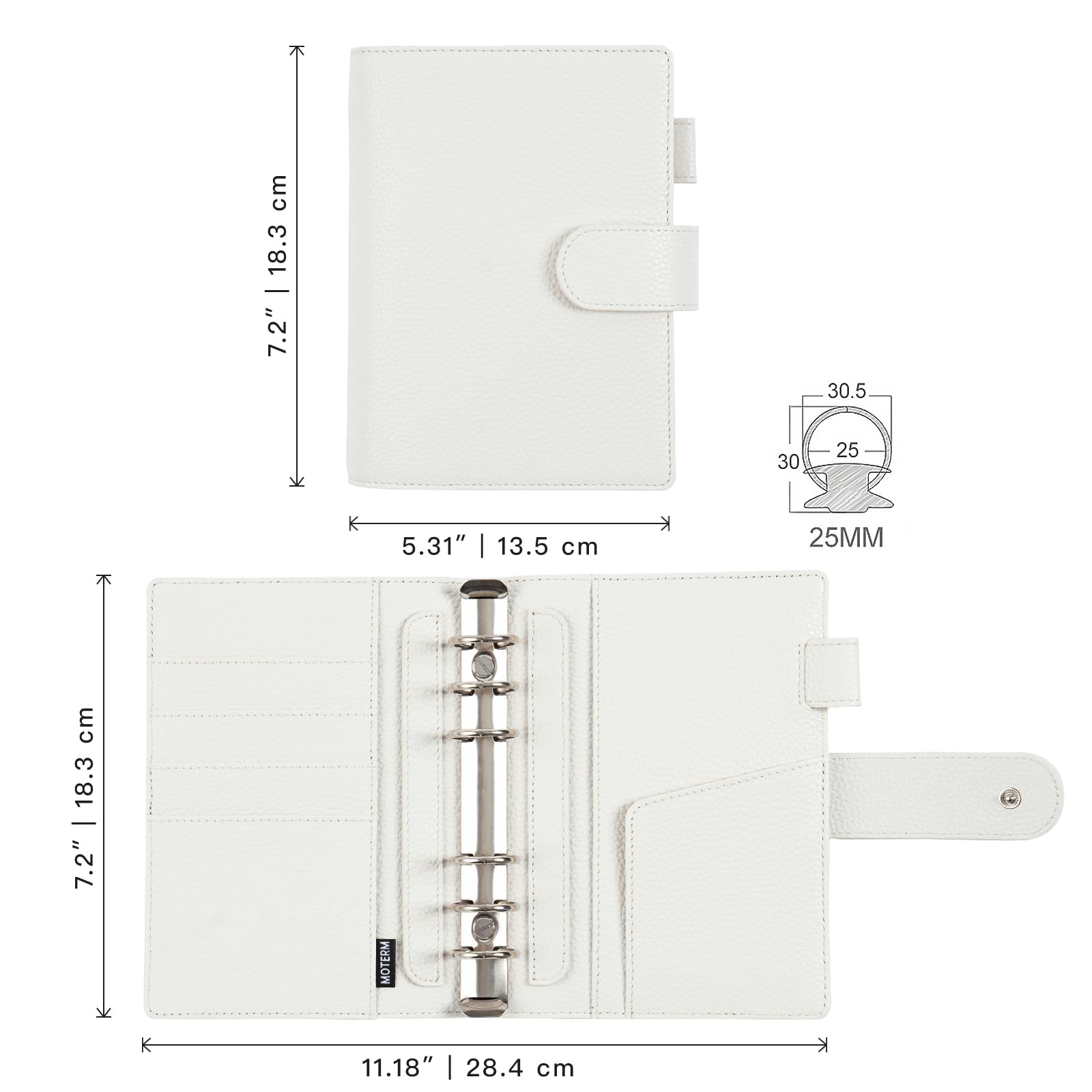 Moterm Elite Personal Rings Planner - Genuine Leather Folder Organiser without Large Back Compartment (Pebble Cream, 25 mm Ring) - Image 2