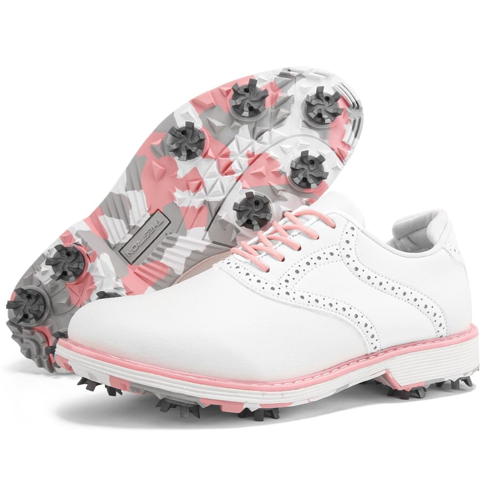 SDEQA Chaussures de Golf imperméables pour Femmes avec 9 Crampons, Baskets de Golf en Cuir pour golfeuses, Taille Plus