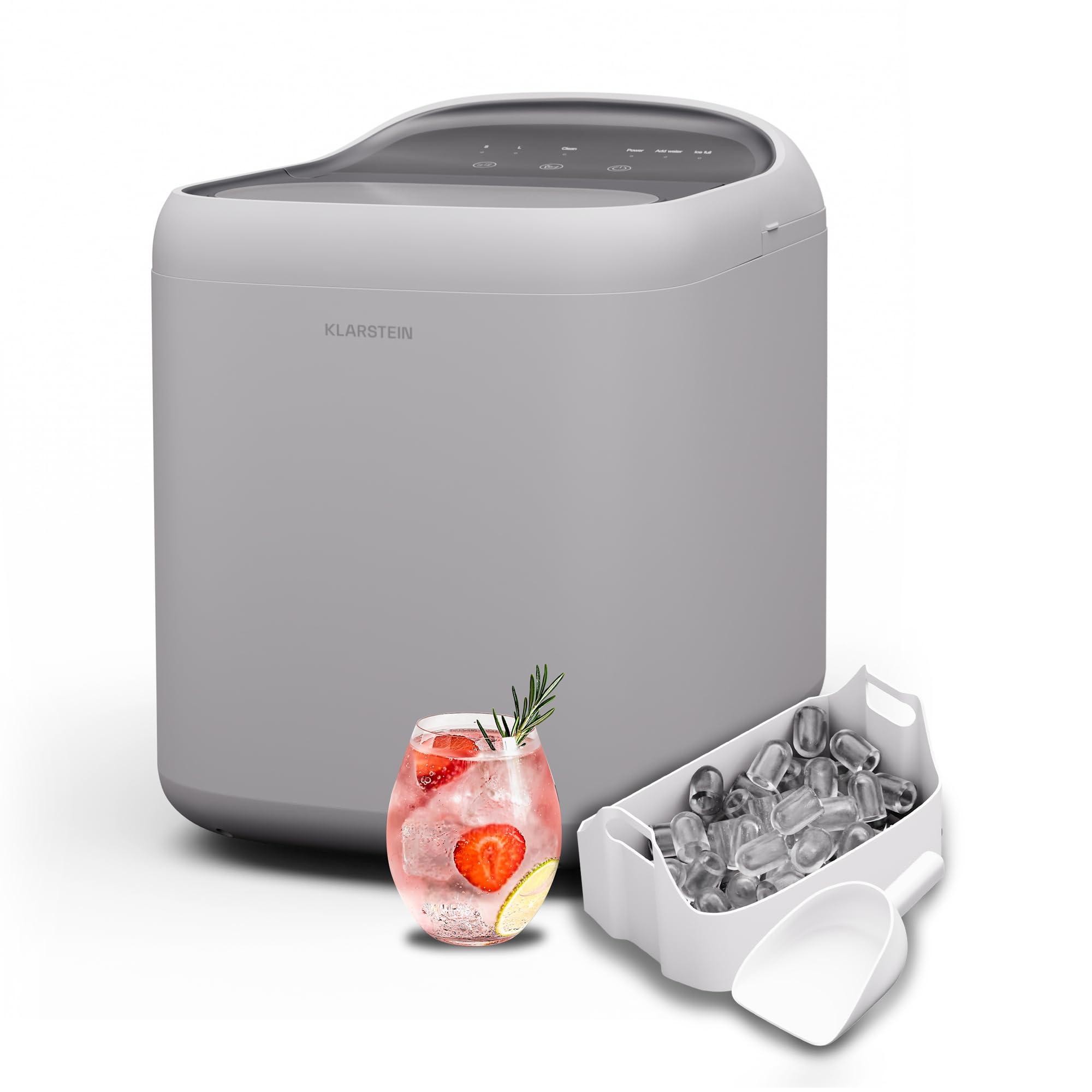 Klarstein SparkIce Máquina de hielo - 15 kg/día, 6 minutos, 2 tamaños de cubitos, panel táctil, limpieza automática, para casa y bar, incluye pala, blanco