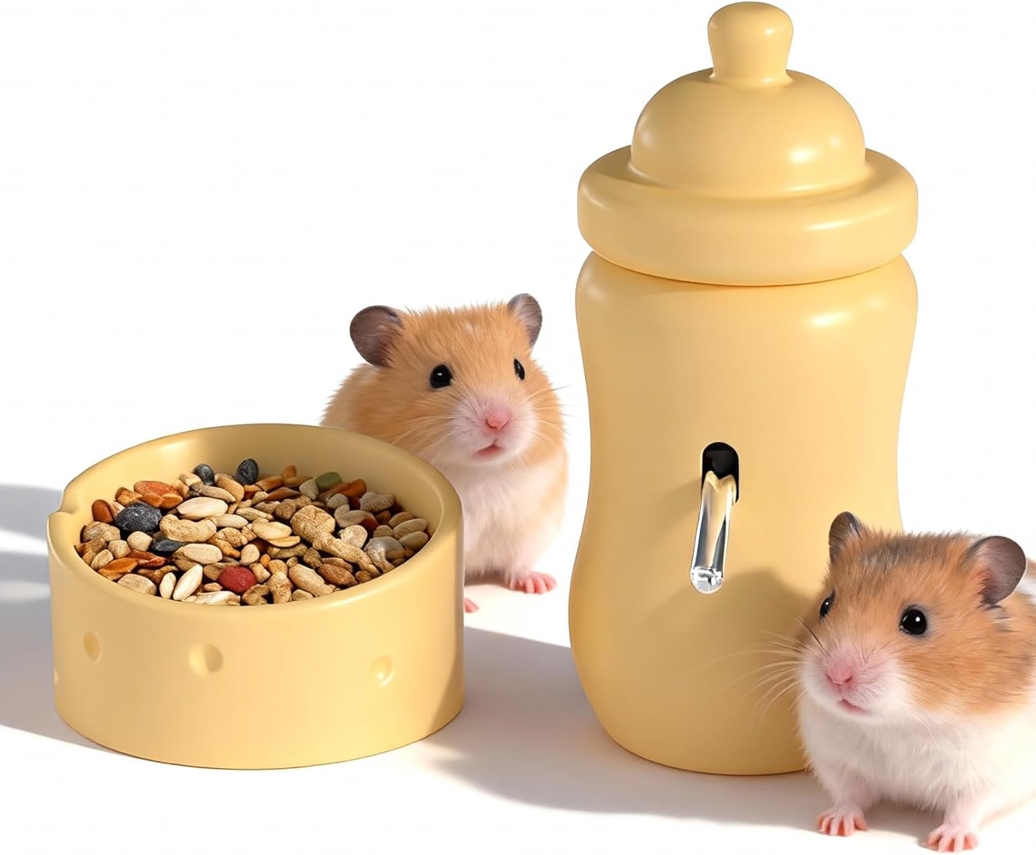 Ceramic Hamster Water Bottle with Stand and Food Bowl Set, Yellow | Anti Flipping Food Dish, Water Dispenser, For Dwarf Hamster Gerbils Syrian Hamster Mice Rats, Accessories for Cages