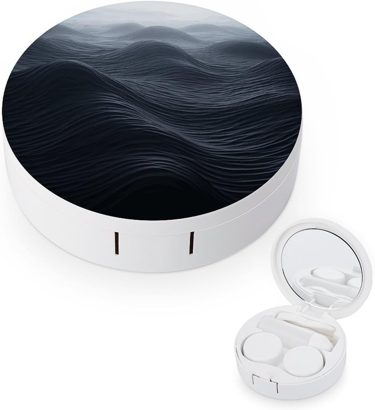 Deep Black Waves Contact Lens Case with Cleaner Washer Cute Contact Lens Soak Storage Holder Container with Mirror Mini Portable Contact Lens Box Set for Travel Outdoor Use