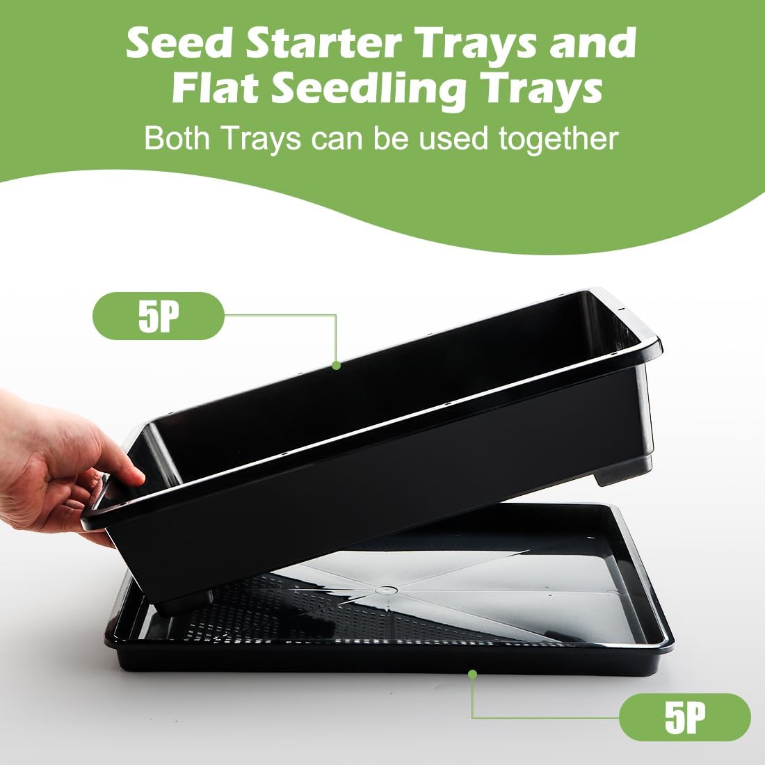 5 Pack Soil Blocking Trays(14"x12"x3"), Plastic Flat Plant Tray for Holding or Collecting Drainage Water, Elevated Microgreen Seed Starter Tray for Seed Germination (Black)