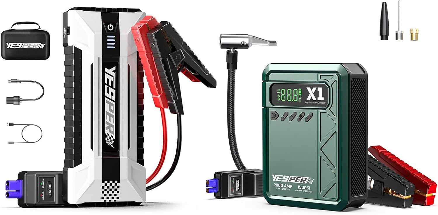 YESPER Car Jump Starter with Air Compressor, 2000A Peak Portable Jump Pack with 150PSI Digital Tire Inflator & Battery Jump Starter - 4120A Peak Portable Car Starter