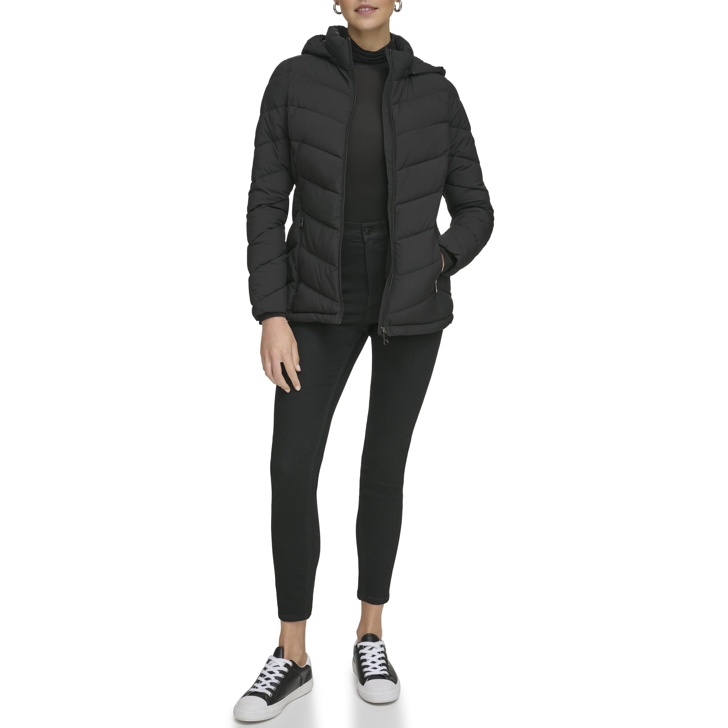 Calvin Klein Women's Light-Weight Hooded Puffer Jacket Down Coat, Ebony, M