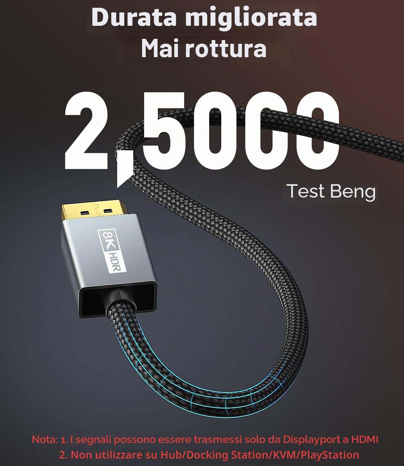 Cavo da DisplayPort a HDMI 8K da 1,8 m [8K a 60Hz, 4K a 120Hz, 2K a 144Hz] Unidirezionale DP Source a display HDMI, cavo intrecciato da DisplayPort 1.4 a HDMI 2.1 per AMD, NVIDIA