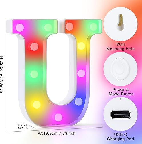Miniatura 31 de mooncow Letras iluminadas recargables, letras de marquesina duraderas, luz nocturna inicial colorida para niños con control remoto, luces LED