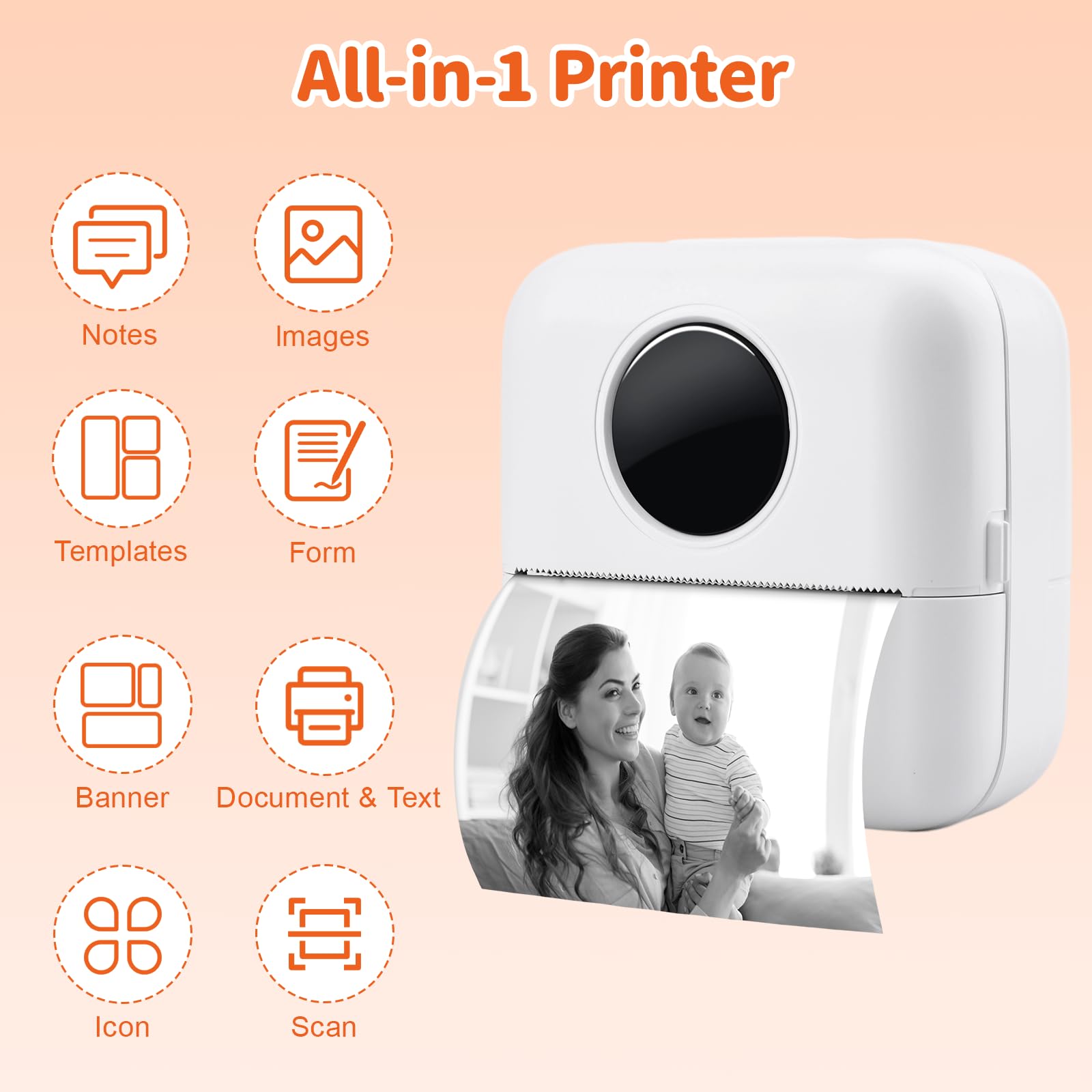 UCAMP Mini Stampante Termica, Stampante Fotografica Bluetooth Portatile, Stampa Foto Istantanee con Ricarica USB (Bianco)