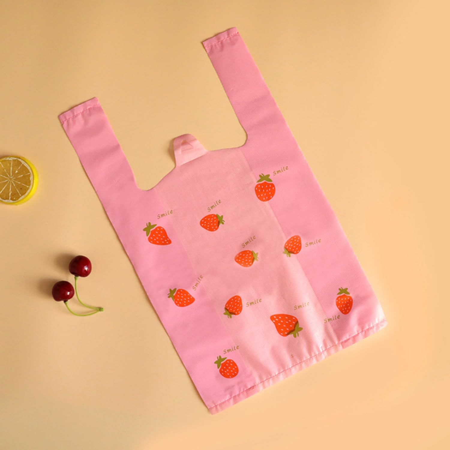 50 PCS Pink Strawberry Plastic Bags with Handles,Shopping Bags for Bakery Grocery Business Restaurant Convenience Store (12.6x20.5inch) image 5