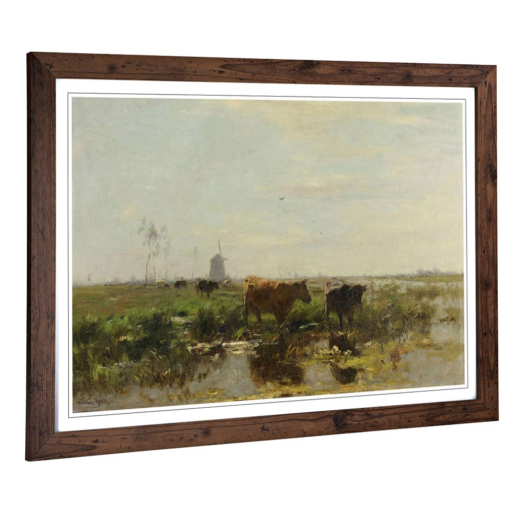 Big Box Art Framed Print of Willem Maris Cows by Water Design | Wall Art Picture | Home Decor for Kitchen, Living, Dining Room, Bedroom, Hallway, Office, Walnut, A2 / 24.5x18 Inch / 62x45cm