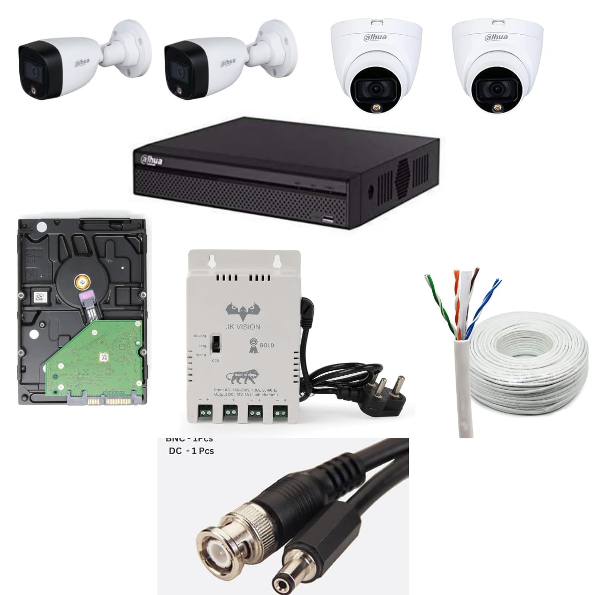 Dahua 2MP with Color HD with Audio CCTV Camera Full Set, 2 Bullet, 2 Dome, 4 Channel DVR, 4 Channel JK Vision Power Supply, 1TB Hard Disk, 90 Meter Cable, BNC/DC Connector
