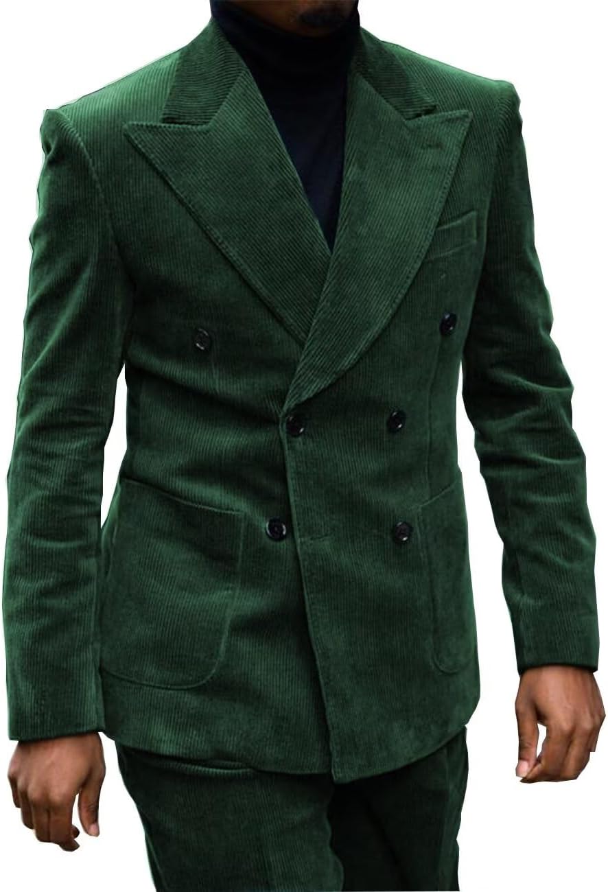 Men's Corduroy 2 Piece Suit - Double Breasted Blazer and Pants Set for Wedding Prom