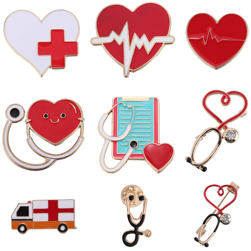 SUNNYCLUE 1 scatola 9 pezzi Spille Mediche Smaltate Spilla Da Infermiera Set Lega Stetoscopio Cuore Carino Temi Infermiera Spilla Distintivi Spilla di Sicurezza Spille Accessori Sfusi per Donna Uomo Z