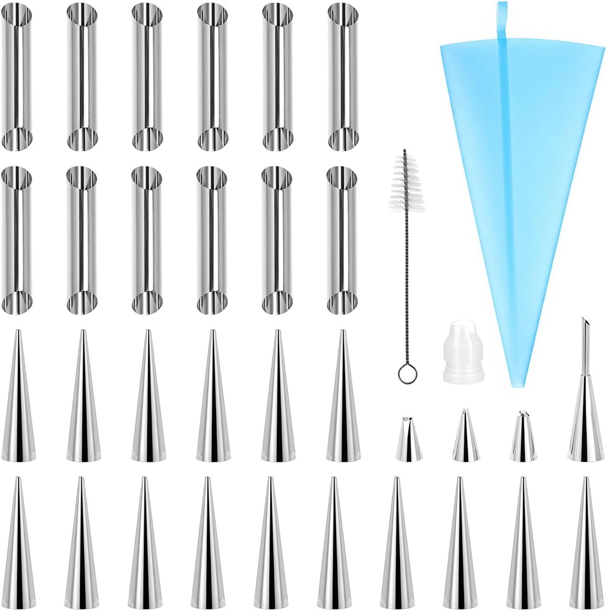 QWORK Cream Horn Mould Set, 35PCS Stainless Steel Cannoli Tubes and Cone Forms with Piping Bag Set, Non-Stick Baking Tools for Pastry, Croissant, Danish, Lady Lock, Cream Roll