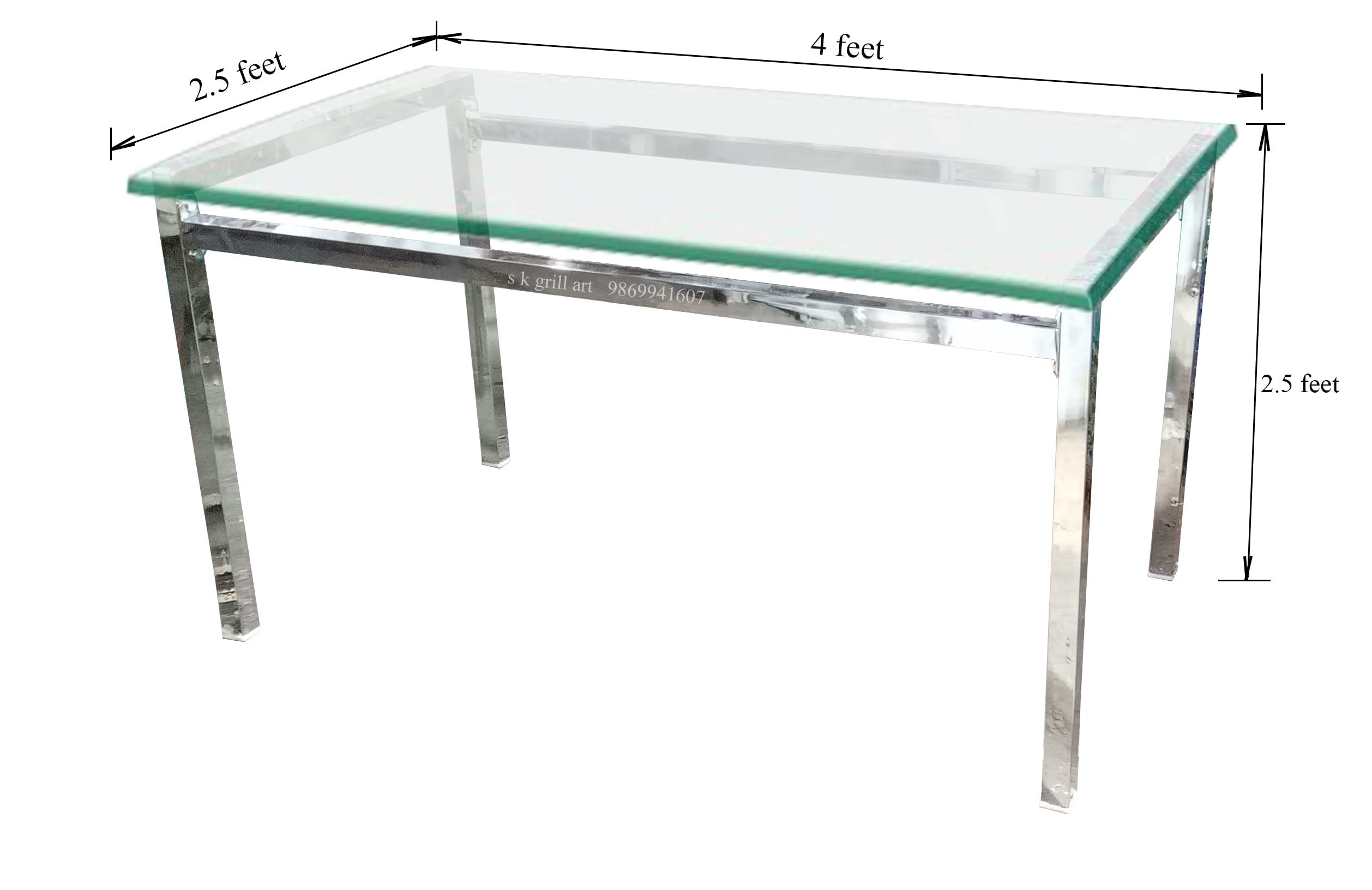s k grill art® Dining Table Stainless Steel Frame with 12mm Toughened Glass (Clear Glass, 2.5 x 4 feet)
