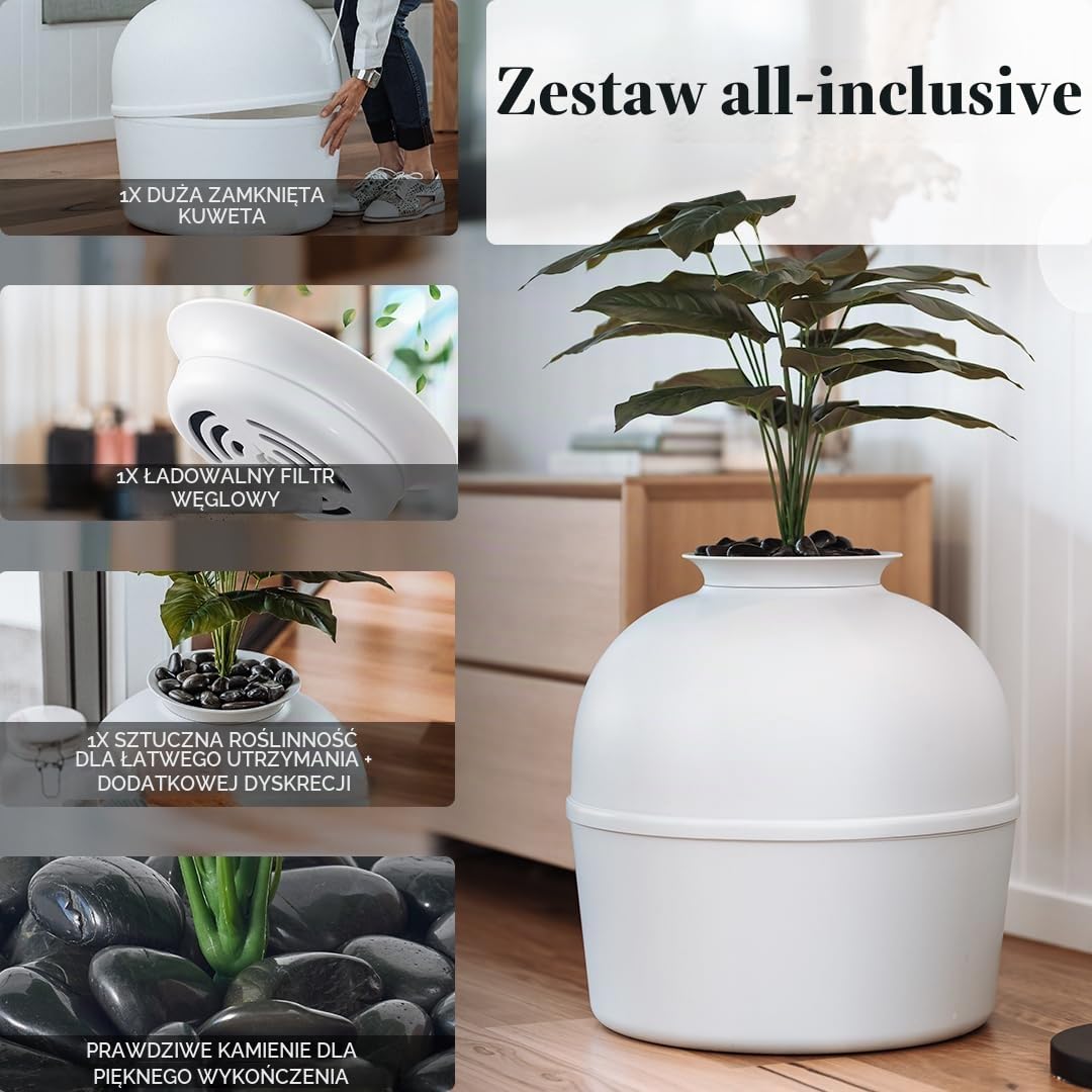Bundle & Bliss Tajna kuweta – ukryta obudowa kuwety, opatentowana konstrukcja z kontrolą zapachu, zawiera sztuczną roślinę, filtr węglowy i prawdziwe kamienie