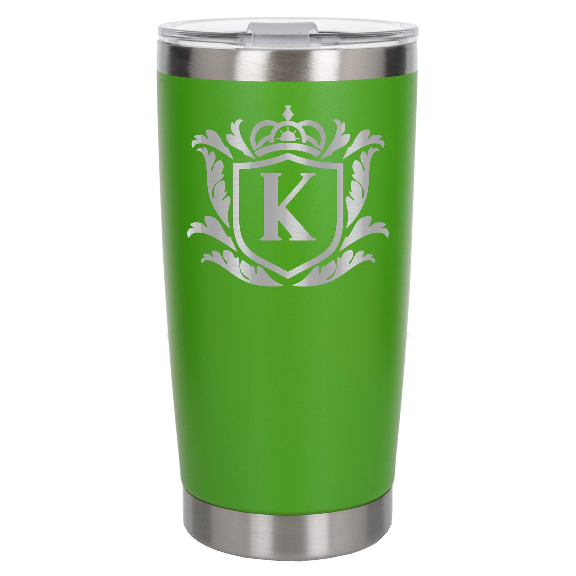 Customised Gifts 500ml Engraved Shield Initial Monogram Insulated Personalised Green Travel Mug for Men and Women - Personalised Initial Coffee Travel Mug for Hot and Cold Beverages, Letter K