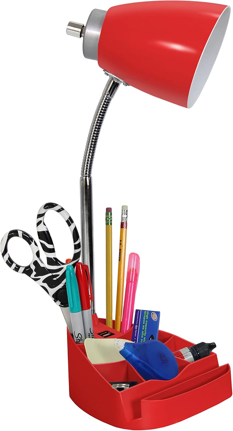 Simple Designs LD1056-RED Gooseneck Organizer Desk Lamp with iPad/Tablet Stand or Book Holder and USB Port, Red - (Pack of 6)