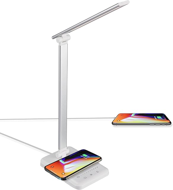 TEKLED® LED Desk Lamp with Wireless Charger | 5-Level Dimmable Flexible Gooseneck | Capacitive Touch Switch | USB Charging Port | Eye Protection Bedside Reading Office Work Students | 10W 42 LED 350LM