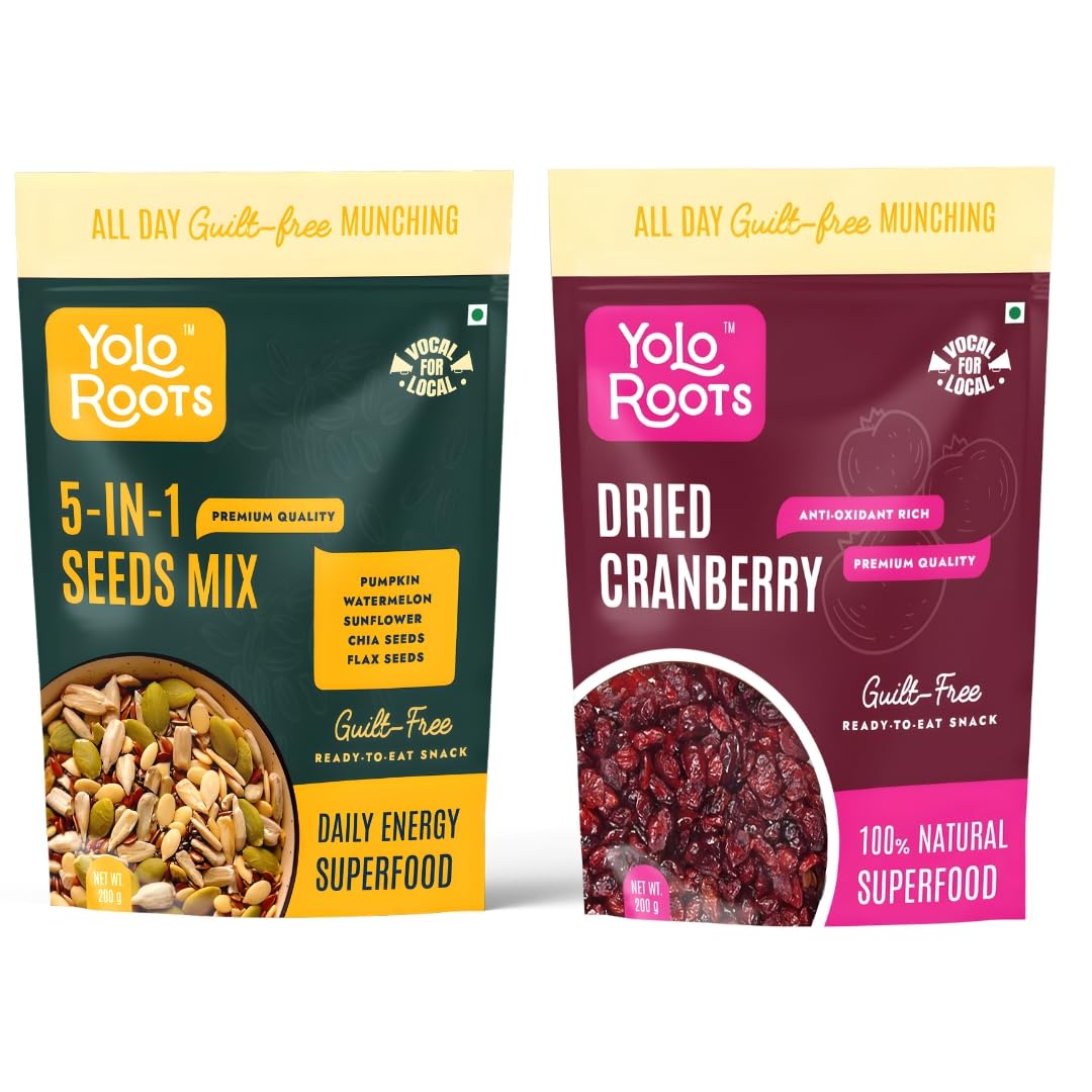 Yolo Roots 5-in-1 Mixed Seeds & Dried Cranberries Combo | Healthy Superfood Snack | Protein & Fiber Rich Seeds with Sweet Cranberries (Pack of 2)