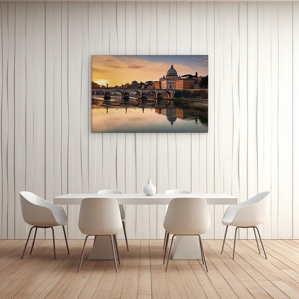 Canvas for Living room. Sunset Serenade Over Rome � A Breathtaking Palette of Warmth Reflected by River and Sky, 27 x 18 inch Canvas Wall Art - Contemporary Masterpieces - Modern Home Decor