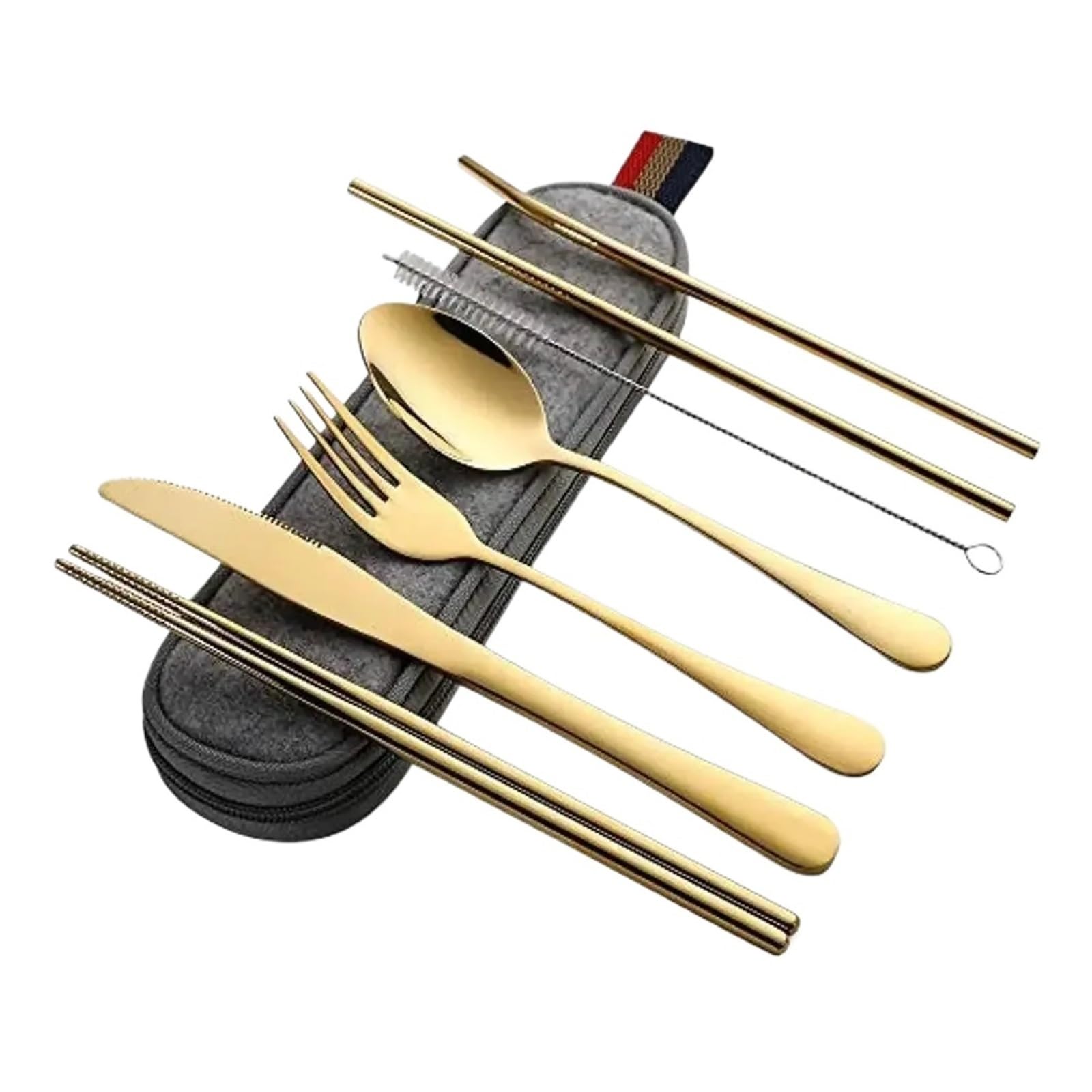 Stoviglie da viaggio riutilizzabili Set di posate campeggio con cucchiaio in acciaio inossidabile, forchetta, bacchette, custodia portatile in paglia(Black)