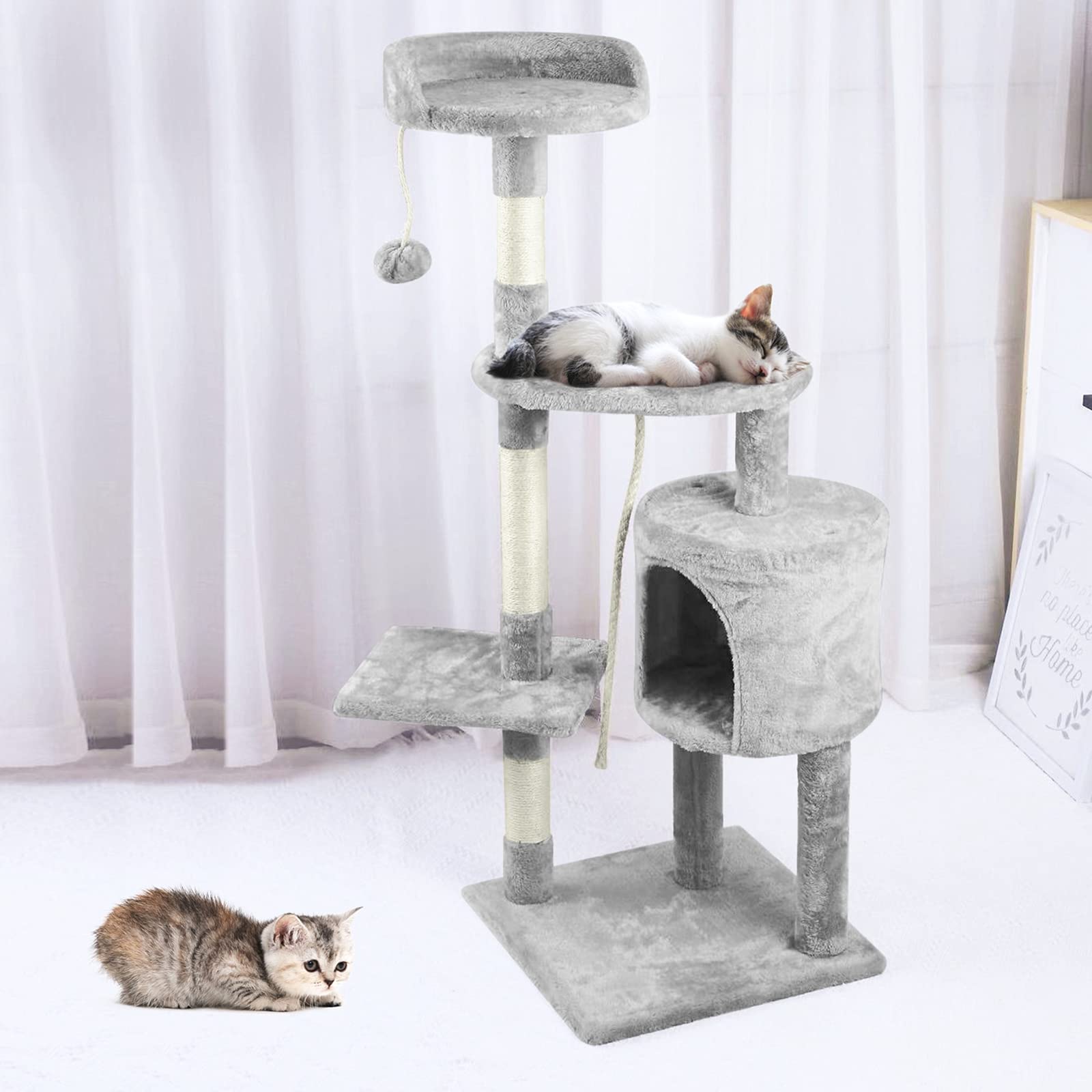 Albero tiragraffi per gatti altezza 112 cm – grotta per lettino, superfici di appoggio, scala e tronchi in sisal, stabile albero da arrampicata per gatti (grigio)