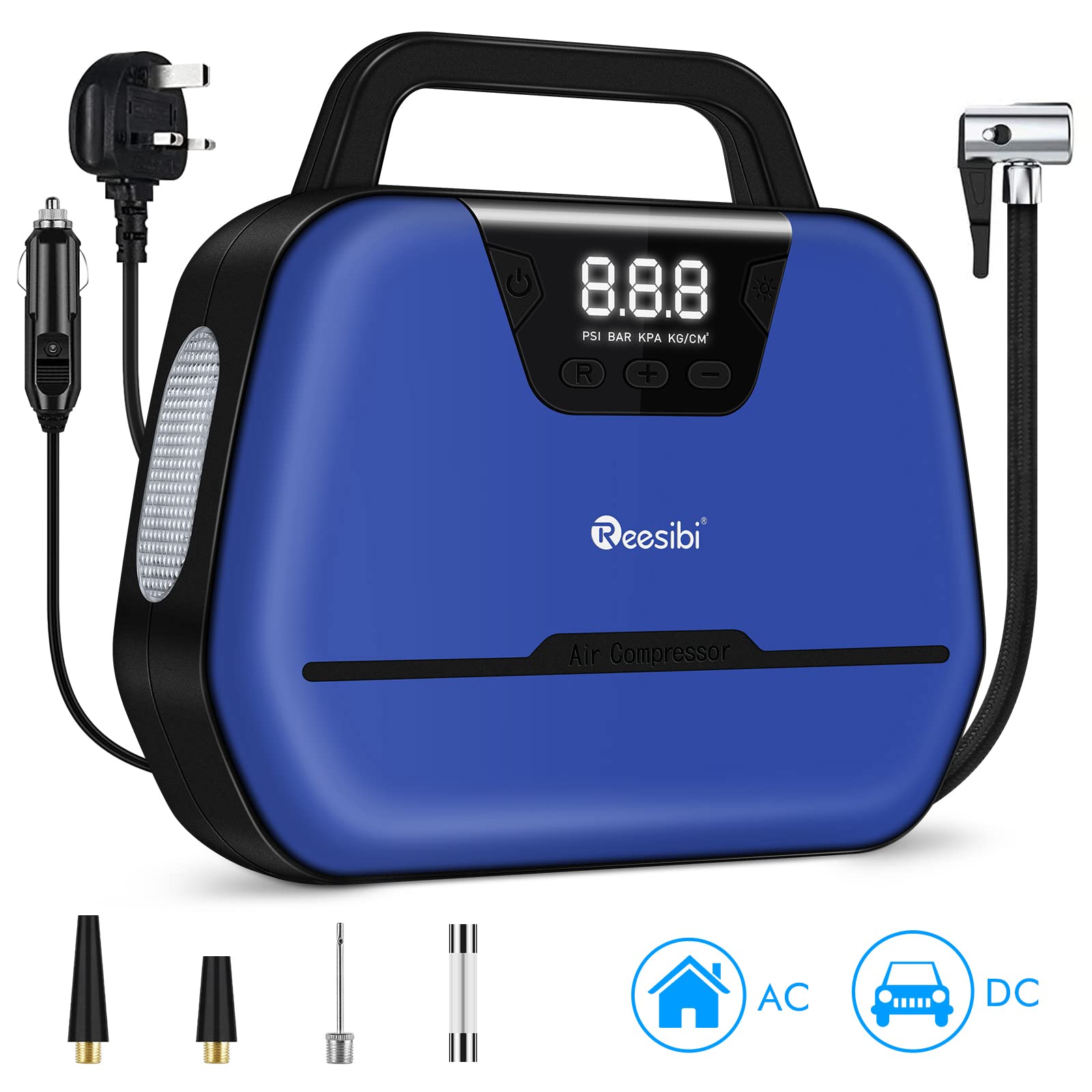 Reesibi Portable Air Compressor, Digital Tyre Inflator 12V 230V 150PSI
