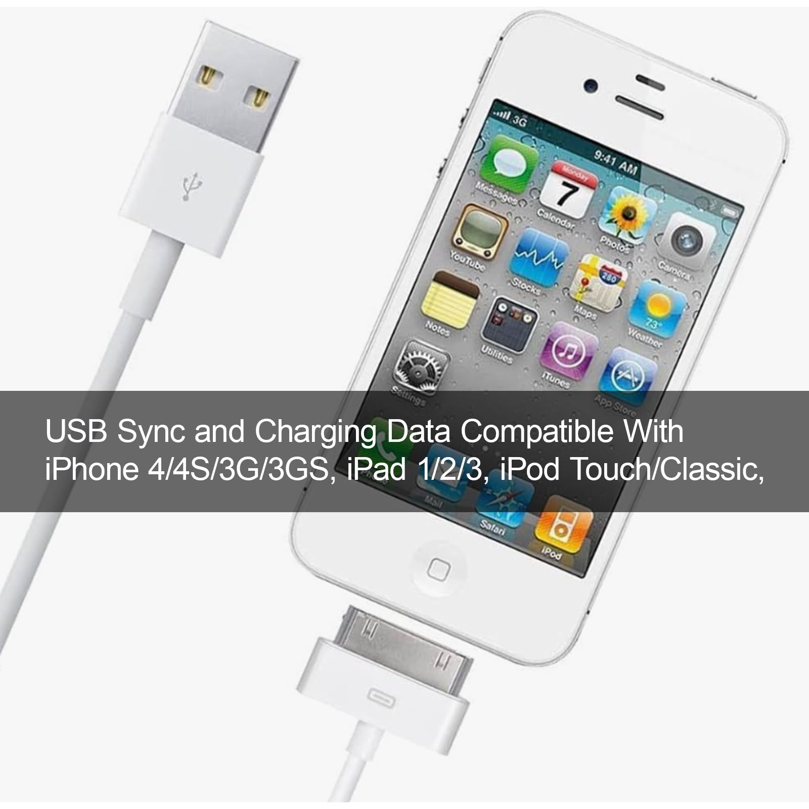 USB Sync and Charging Data Compatible With iPhone 4/4S/3G/3GS, iPad 1/2/3, iPod Touch/Classic, Old 30-Pin Devices, 1M, White — view 5