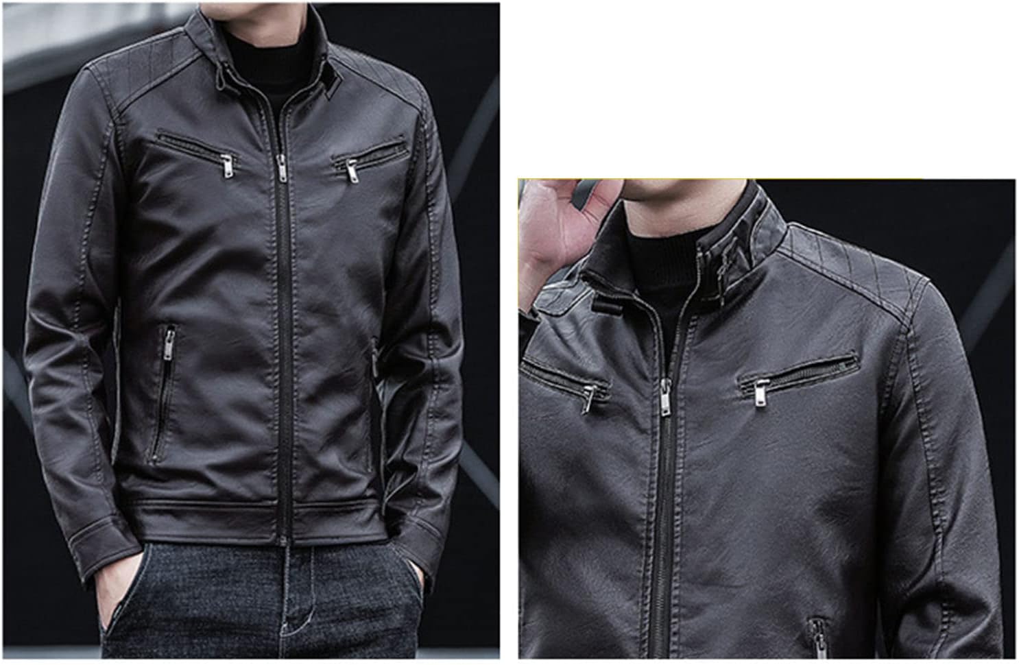 DGHM-JLMY Men Short Jacket Coat Pu Leather Coat Solid Color Zip Leather Jacket Vintage Stand Collar Moto PU Coat