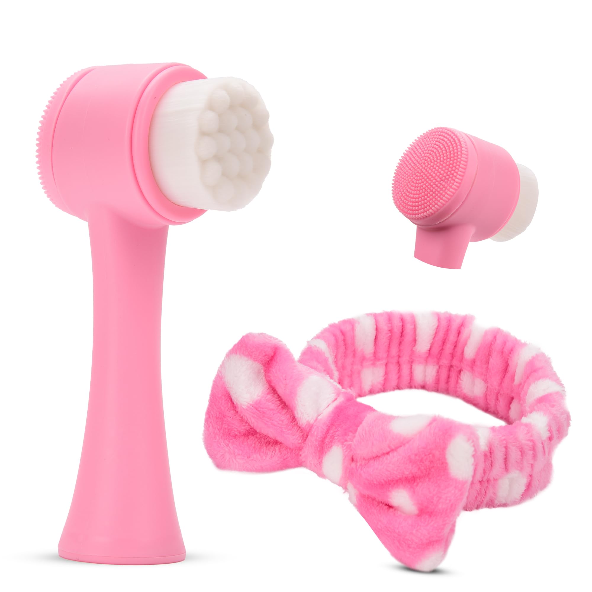 RarePicks Manual Facial Cleansing brush, 2-in-1 & Headband Set | Dual-Sided Silicone & Skin Care face Brush | Cute Skincare Hairband | Deep Pore Exfoliation, Ergonomic, Waterproof & Travel-Friendly Skin Care Kit | Baby Pink