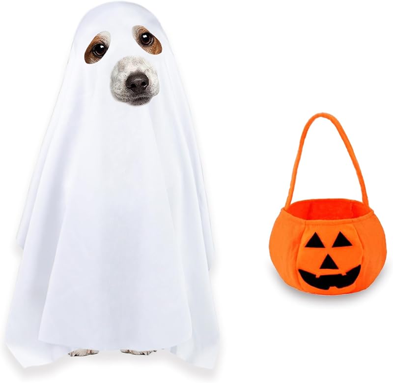 Fantasia de Fantasma para Cães PAYHTOW com Bolsa de Abóbora, Poliéster, Tamanho Pequeno