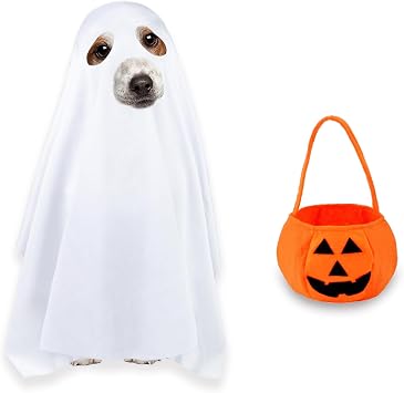Dog Halloween Costumes, Dog Ghost Costume Funny Pet Ghost Costume with Pumpkin Candy Bag for Small Medium Large Dogs Pets Small