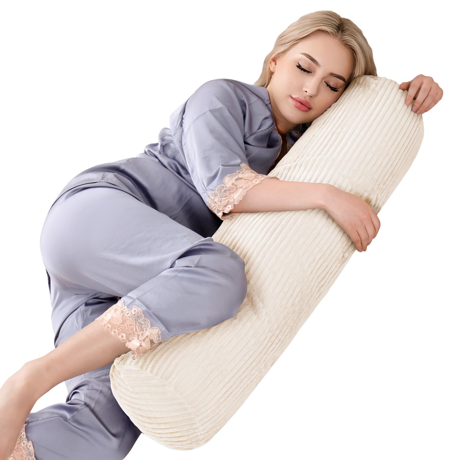 View 1 of 1 MIDDLE ONE Body Pillow for Adults, Long Bolster Pillow for Bed, Decorative Round Roll Hug Pillow with Corduroy Cover (Off-White, 35x7.87 Inch)