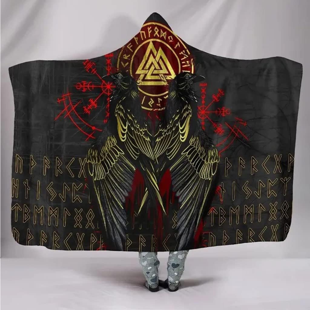 Norse Viking Hooded Blanket Cloak Sherpa Norse Blanket Odin's Raven Crow Valknut Celtic Vegvisir Tattoo Pattern Flannel Lining Super Soft Cozy Home Leisure(80x60in/150x200cm)