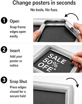 Deflecto A4 Snap Frame Silver Pack of 5, Aluminium Clip Frame Wall Display