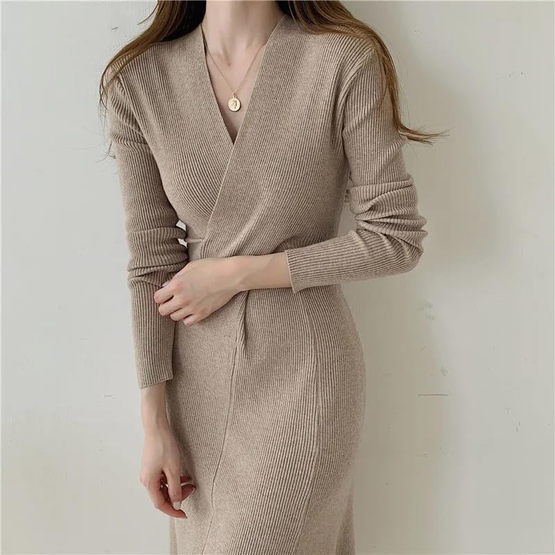 Vestido de punto delgado con cuello en V para mujer, manga larga, negocios, casual, otoño, vestidos