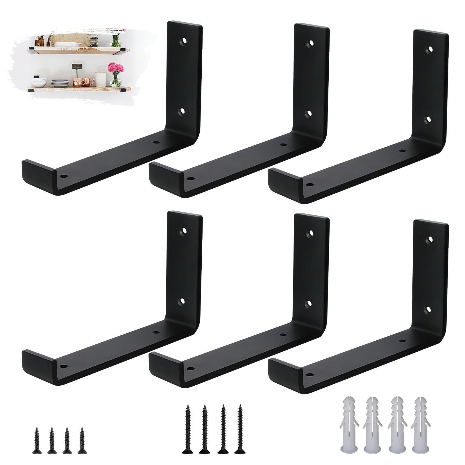 VTOPVMAX Scaffold Board Shelf Brackets 6 Pack - 5mm Thick Steel Heavy Duty Shelf Supports with Lips for 8 x 4 Inch (20cm x 10cm), Industrial Rustic Black Wall Shelf Brackets Kit