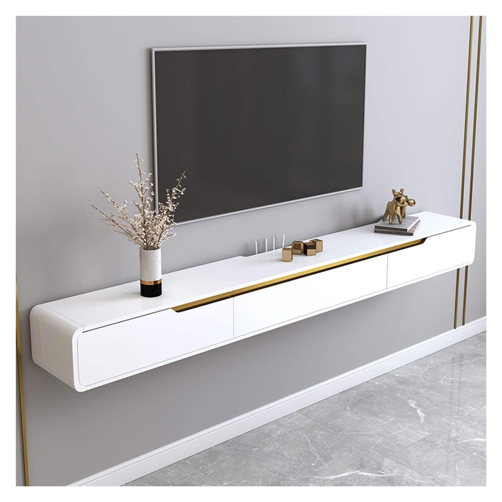 Meuble TV mural blanc 120 cm suspendu avec 2 tiroirs pour salon chic