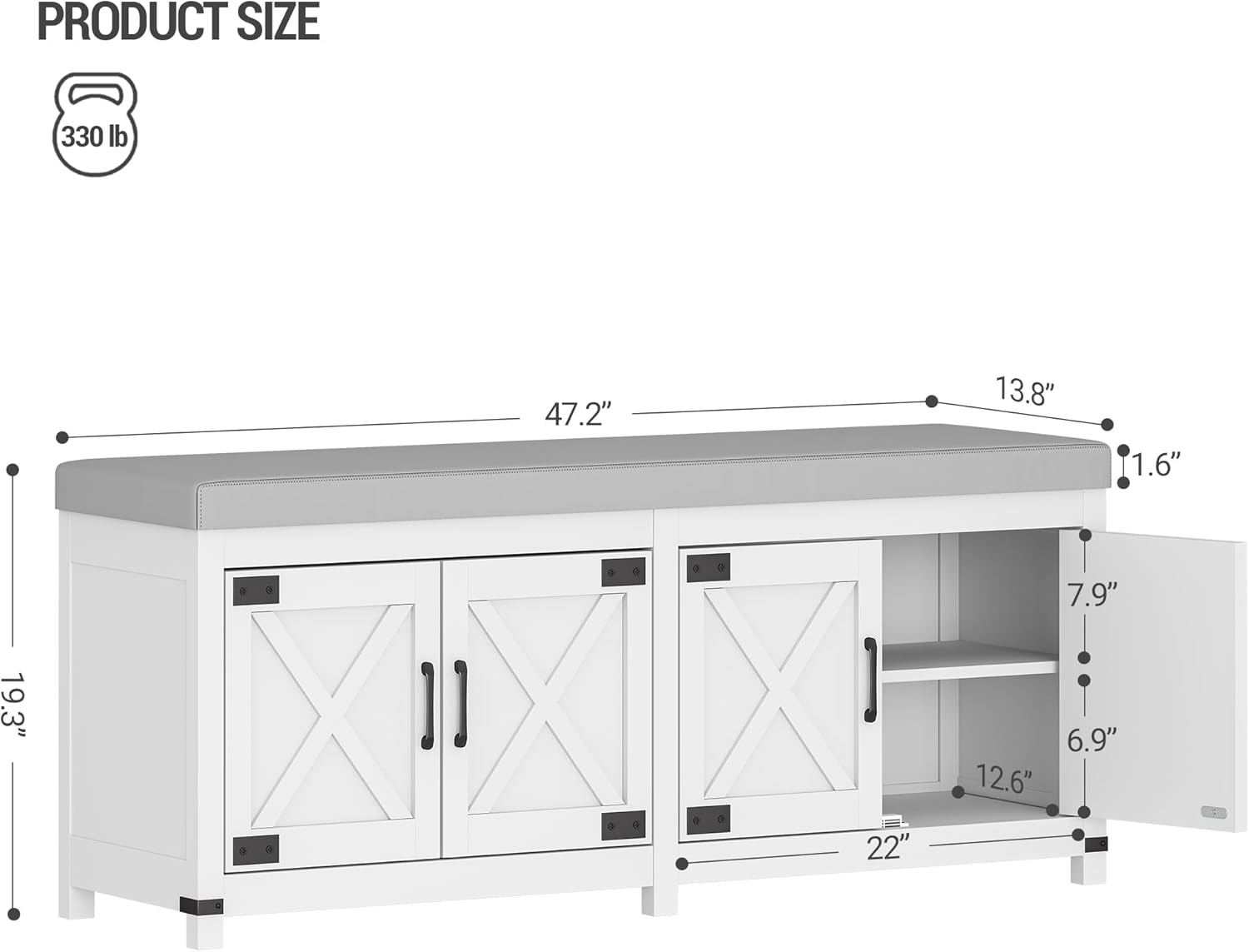 Shoe Storage Bench, 2 Tier Shoe Bench with Padded Seat Cushion & 4 Barn Doors, Entryway Bench with Adjustable Shelf, Farmhouse Shoe Cabinet for Living Room, Bedroom, White SB31203GY