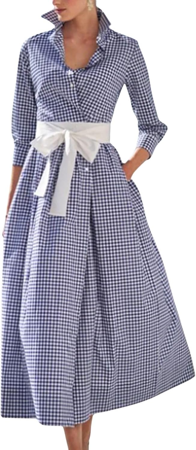 chouyatou Women's Retro Plaid Button Up Maxi Shirt Dress 3/4 Sleeve Gingham Pocketed Long Dress with Belt