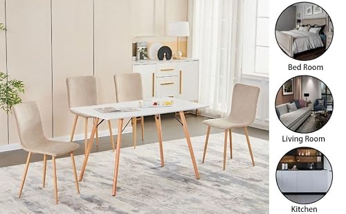 Furniturer Scandinavian Dining Chair Set Of 4, Comfy Fabric Cushion Seat Chairs Accent Chairs With Oak Grain Sturdy Metal Legs For Kitchen, Dining, Living Room, Beige #TOP5