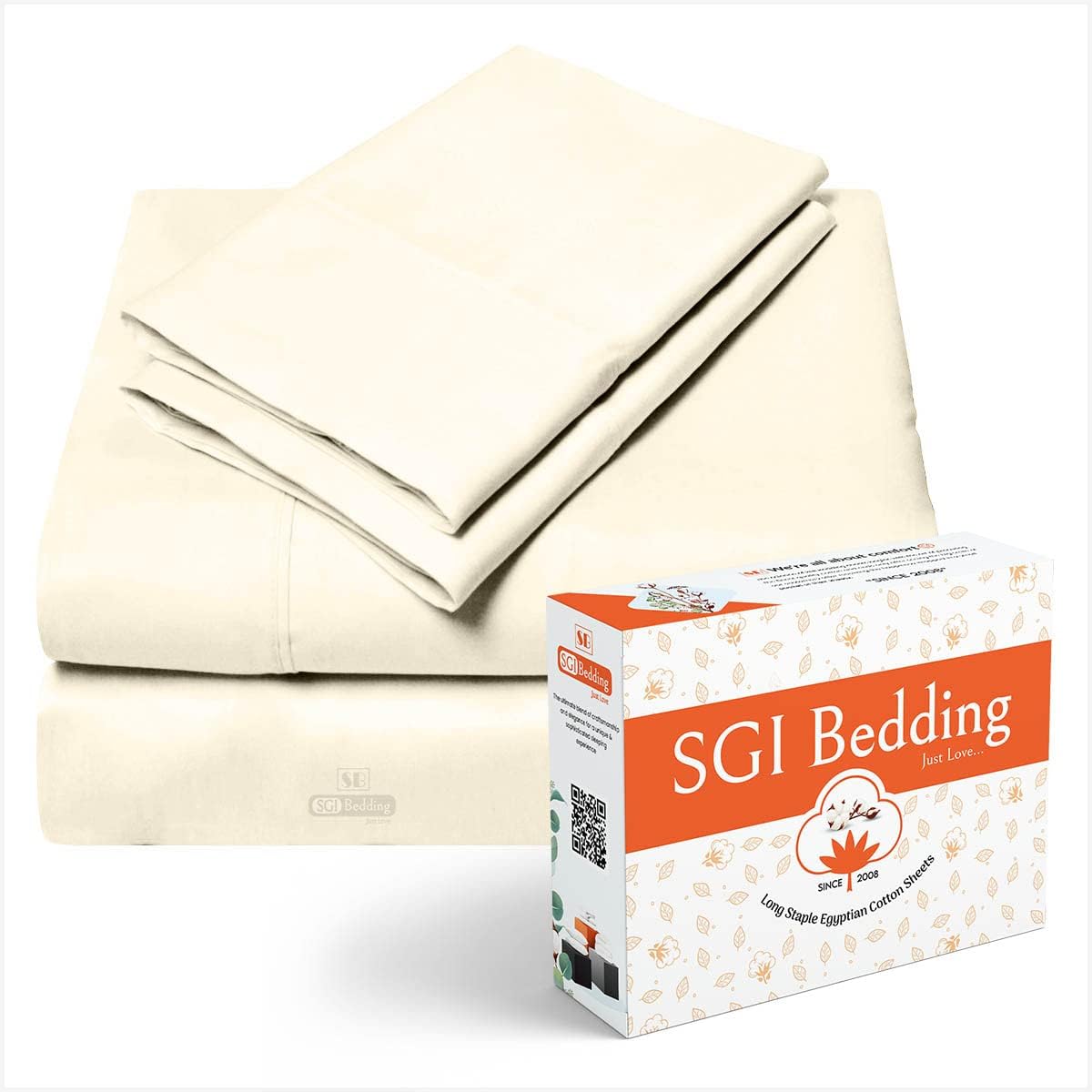 SGI 500 TC 100% Egyptian Cotton Bed Sheets, Luxurious Soft for Premium Hotel Quality 4Pc Sheet Set - 1 Fitted Sheet, 1 Flat Sheet & 2 Pillowcase 15" inch Deep Pocket (Three - Quarter, Ivory Solid)