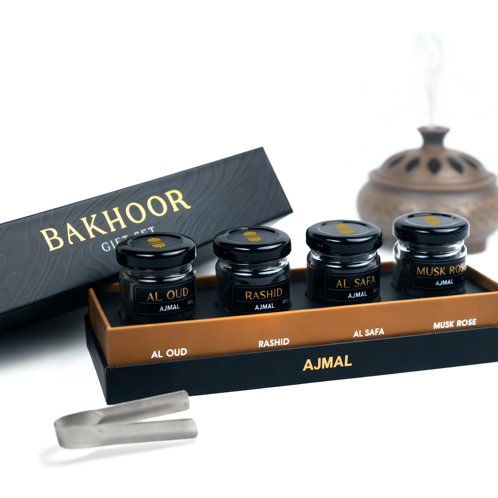 Ajmal Bakhoor Gift Set | Arabic Dakhoon Incense | Oriental, Woody, Floral, Musky Fragrance | Perfect Festive Gift for Home, Prayer & Celebrations | 80 gm Pack of 4