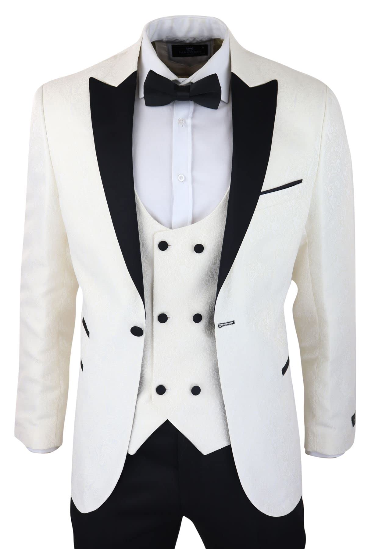Truclothing Men's Cream Paisley Tuxedo Blazer And Waistcoat Brocade Dinner Jacket Satin Ivory Black - 48