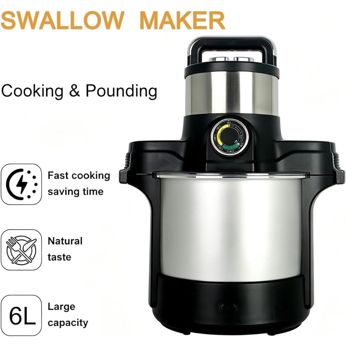 Automatyczna maszyna do wyciskania żywności 6L Yam Pounding Machine1600W Swallow Maker Robot kuchenny Służy od 5 do 6 osóbŁatwy do czyszczenia ze stali nierdzewnej Yam Pounder do Fufu Amala Banku