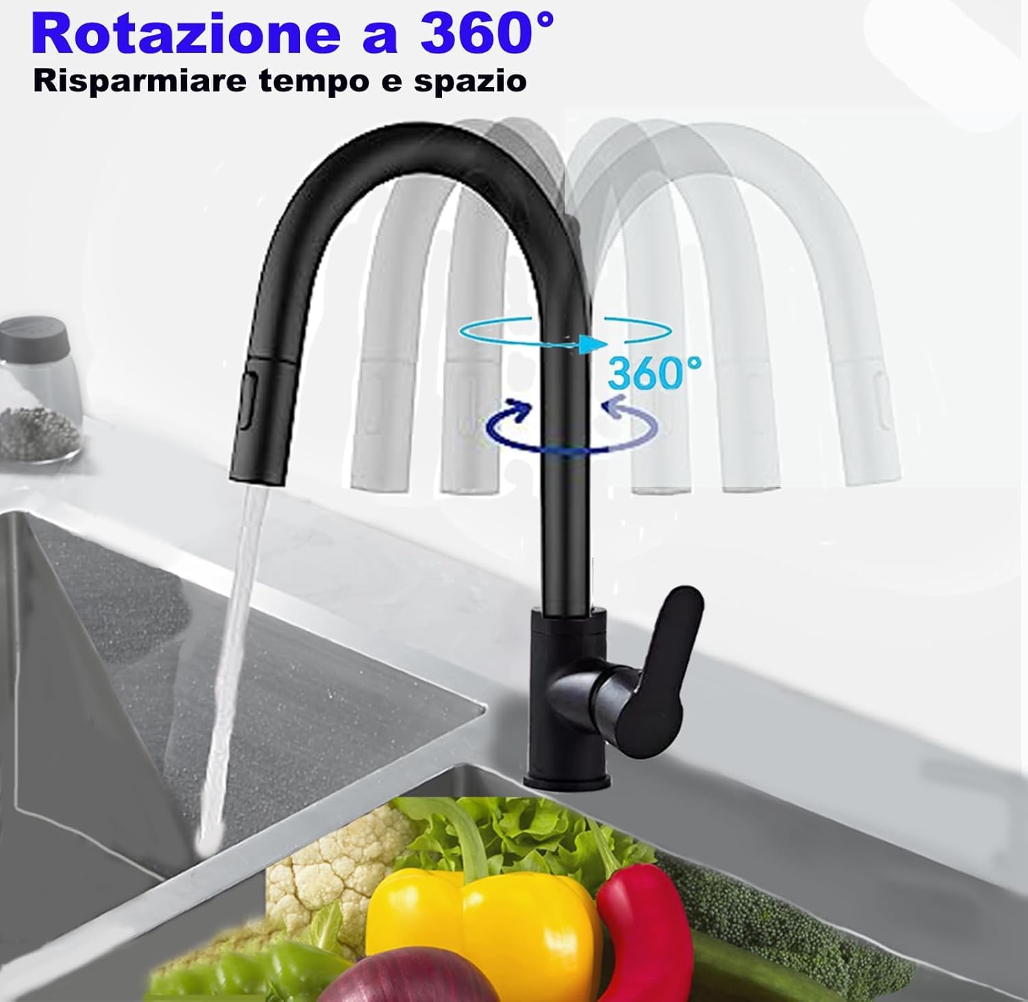 XWIHTR Rubinetto da cucina estraibile a scomparsa, rubinetto da cucina girevole a 360°, miscelatore da cucina a 2 modelli in acciaio inox, miscelatore per lavello da cucina ad alta pressione (nero)