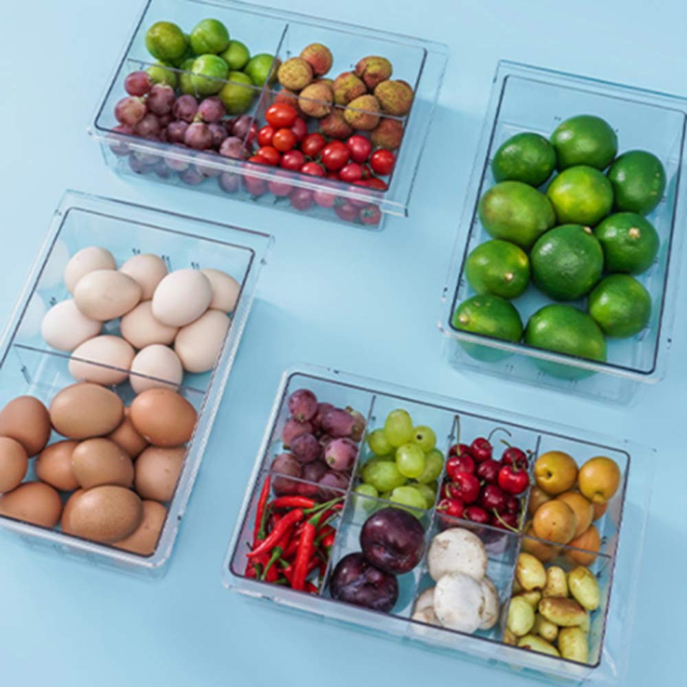 Frigorifero Organizer Bin, Contenitore di stoccaggio Frigorifero Trasparente con 4 scaffali, a Misura pareti divisorie 30-44 cm, Soluzione per la Cucina salvaspazio per la freschezza degli Alimenti e