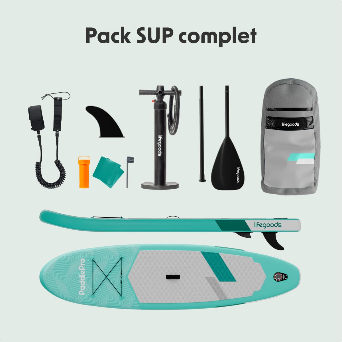 LifeGoods Paddle Gonflable Adulte - Stand Up Paddle Board - Set Complet - Pagaie Réglable - Pompe Incluse - Max. 100KG - 300x76x15cm