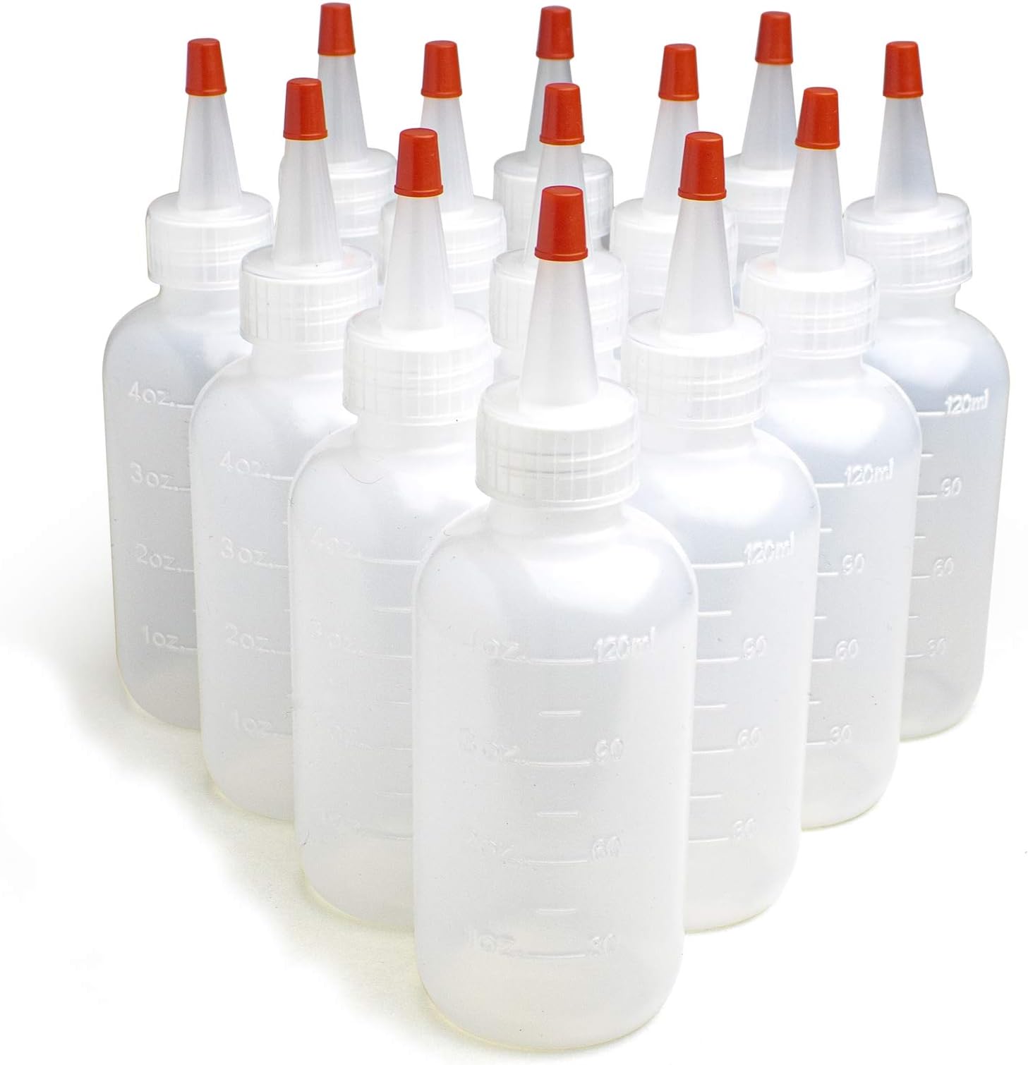 Bastex 13 Pack 4 Ounce Plastic Squeeze Bottles With Caps and Measurements. Small Mini Squeeze Bottle for Arts and Crafts, Paint, Icing, Liquids, Condiment, Glue. Sauces and More